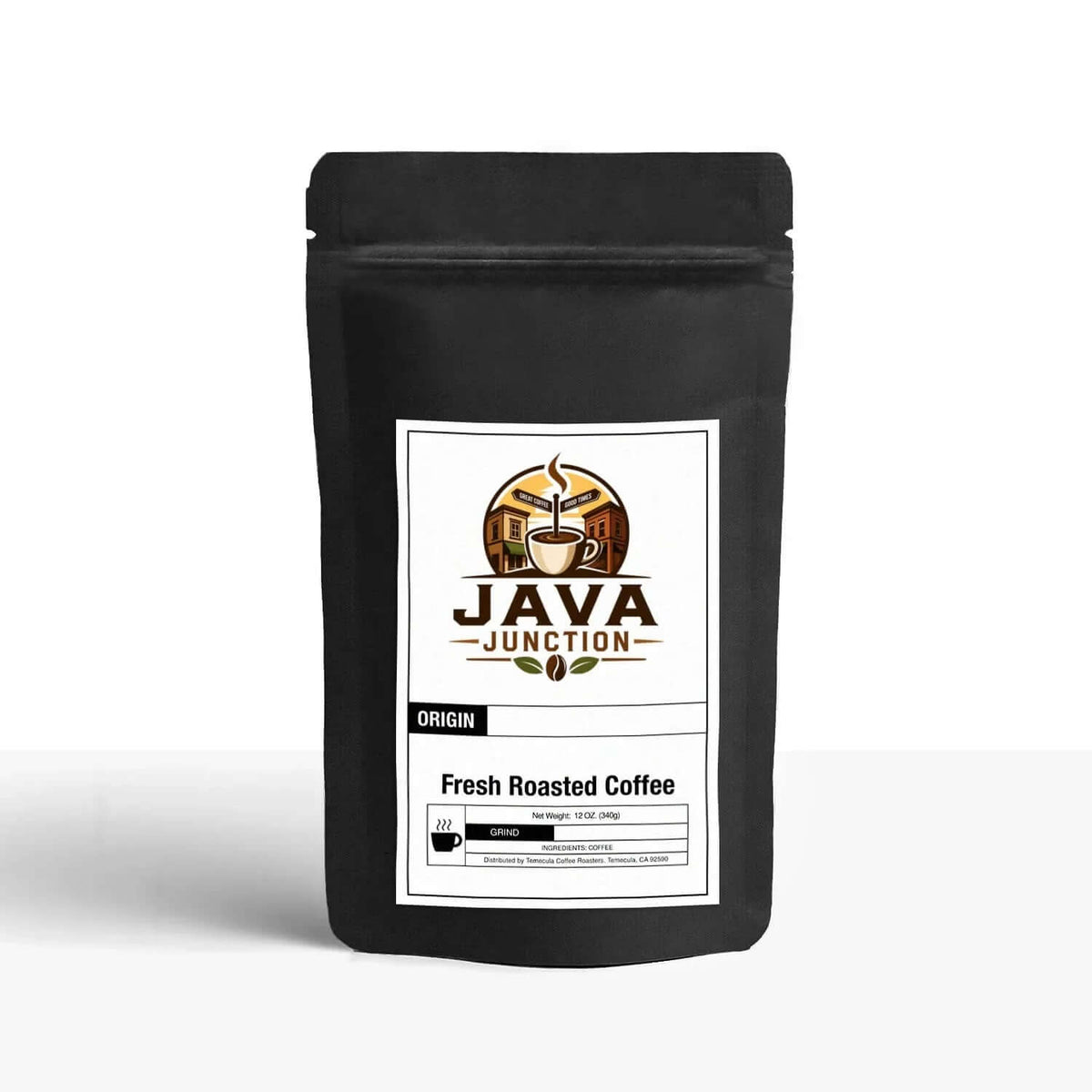 Fresh roasted coffee bag, 12 oz ground blend, Java Junction brand label, premium coffee packaging