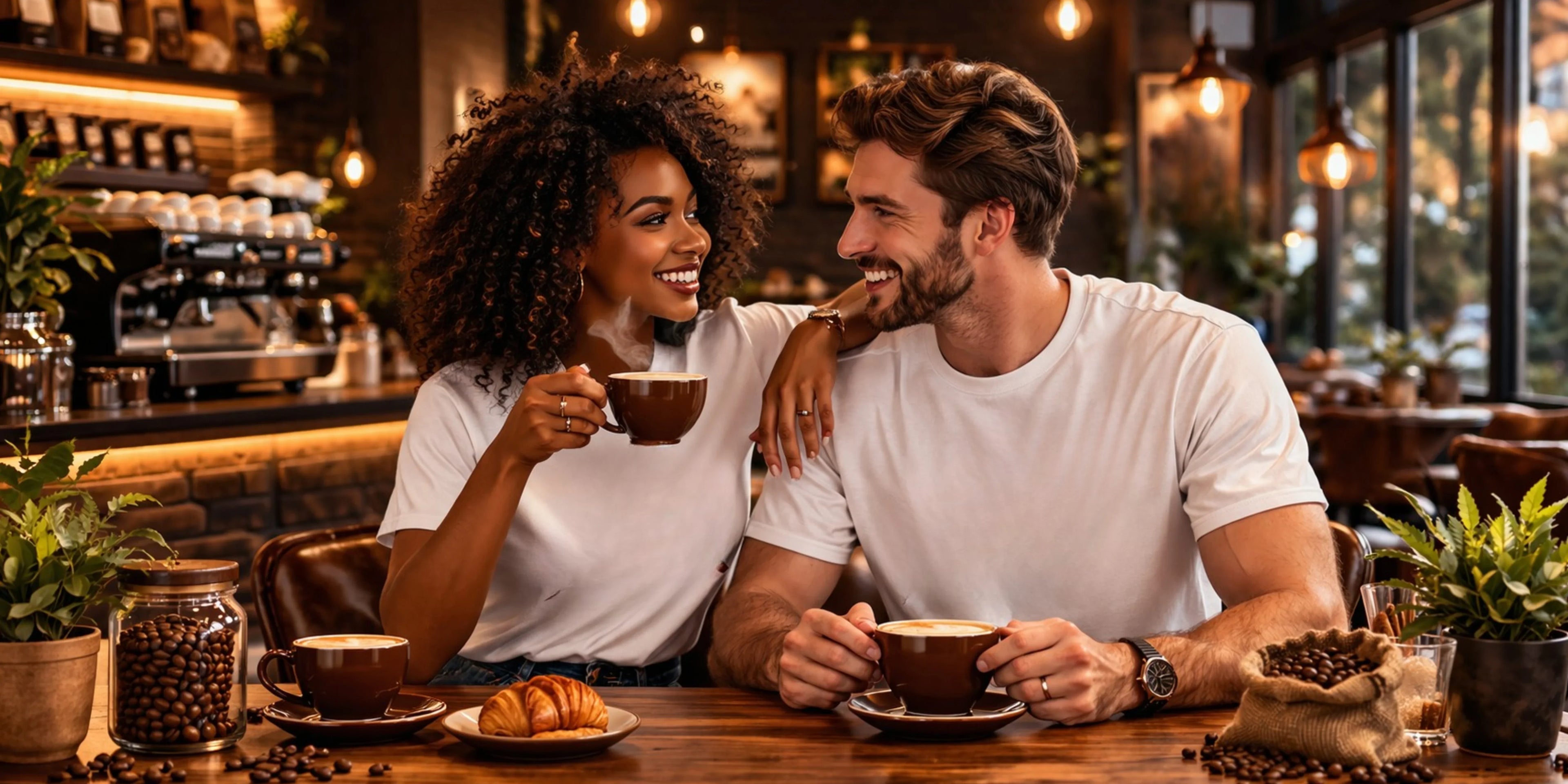 Couple enjoying steaming coffee cups and fresh croissants at a cozy cafe with roasted coffee beans nearby