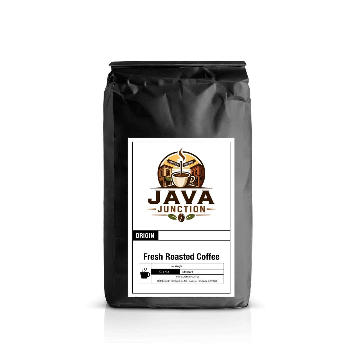 Fresh roasted coffee bag with Java Junction label, premium blend, standard grind, black packaging