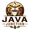 Java Junction logo with steaming coffee cup, street signs reading 'Great Coffee' and 'Good Times', and coffee bean