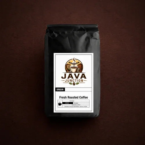 Fresh roasted coffee bag with Java Junction label on dark background