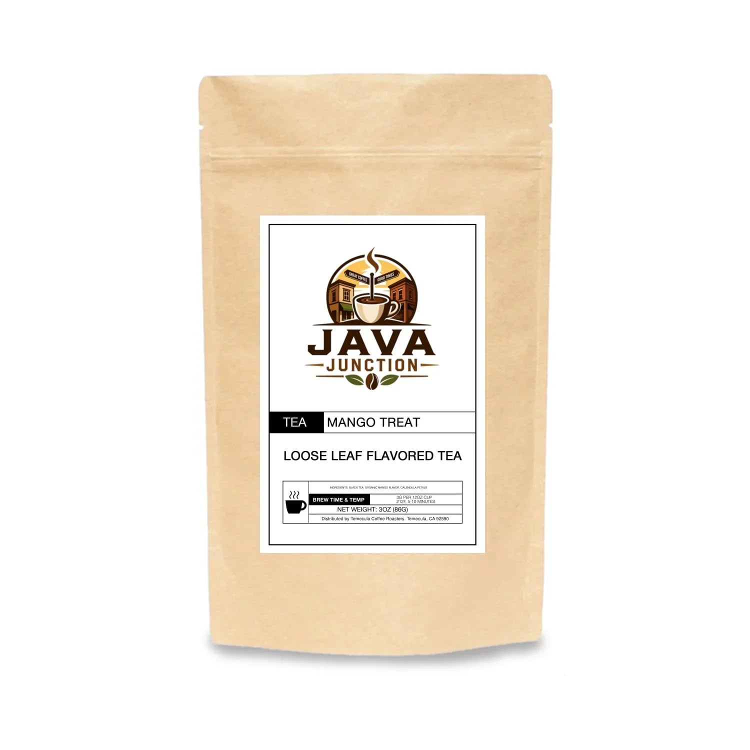 Mango Treat loose leaf flavored tea in kraft bag, Java Junction brand