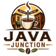 Java Junction logo with steaming coffee cup, street signs reading 'Great Coffee' and 'Good Times', and coffee bean
