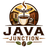 Java Junction logo with steaming coffee cup, street signs reading 'Great Coffee' and 'Good Times', and coffee bean